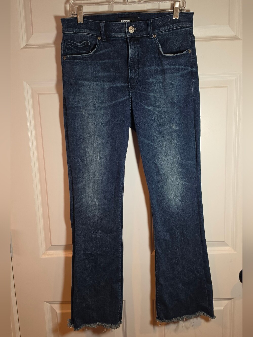 Express Stretch+ Barely Boot Stretchy Dark Blue Raw Hem Jeans Sz 12 Short